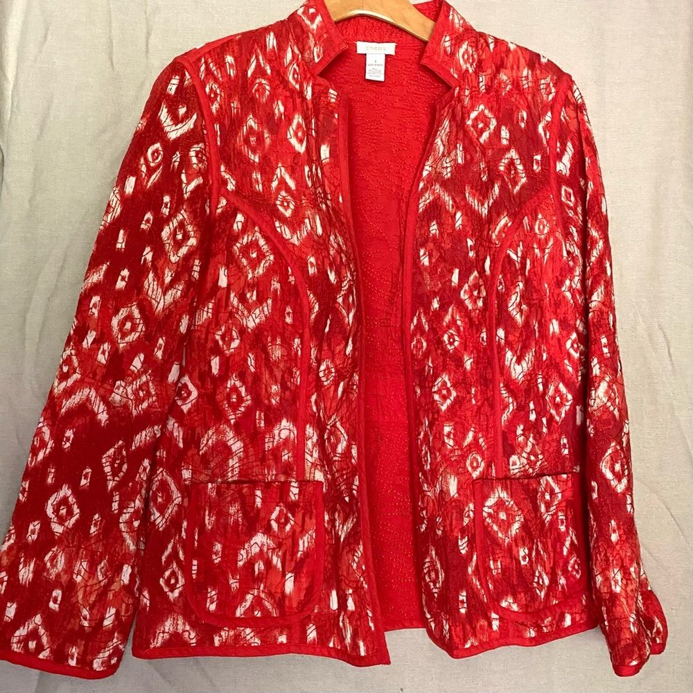 Chicos Jacket 1 S Small Quilted Cotton Red Orange White Batik Print Blazer